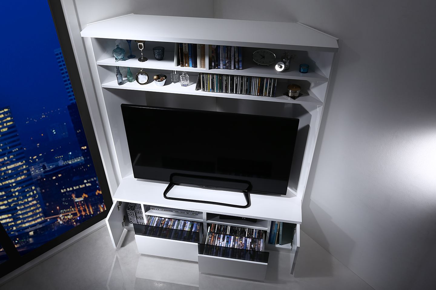 鏡面仕上げ　大型テレビ対応ハイタイプコーナーテレビボード Prelumo プレルモ