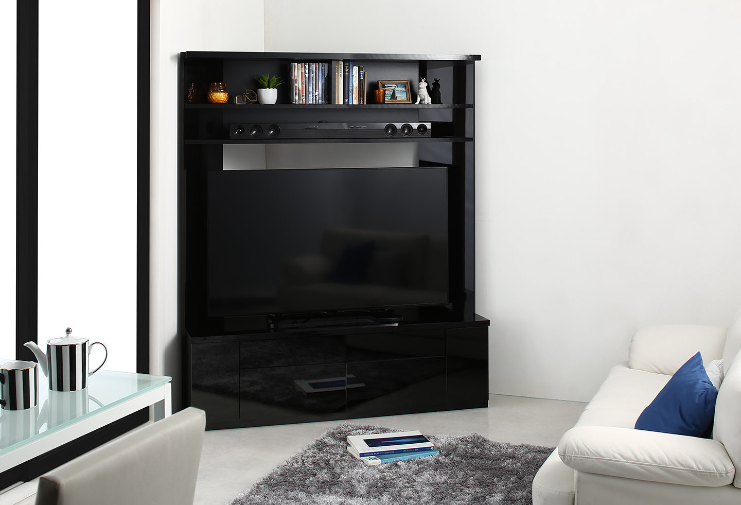 鏡面仕上げ　大型テレビ対応ハイタイプコーナーテレビボード Prelumo プレルモ