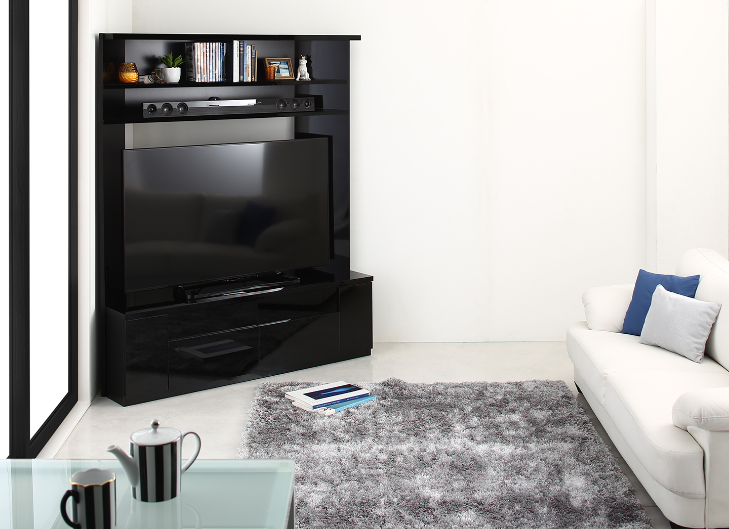 鏡面仕上げ　大型テレビ対応ハイタイプコーナーテレビボード Prelumo プレルモ
