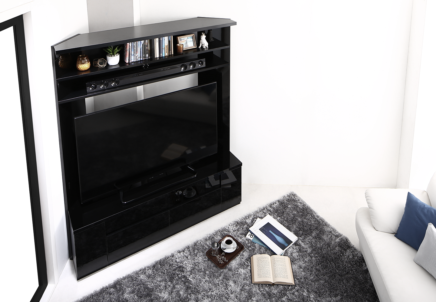 鏡面仕上げ　大型テレビ対応ハイタイプコーナーテレビボード Prelumo プレルモ