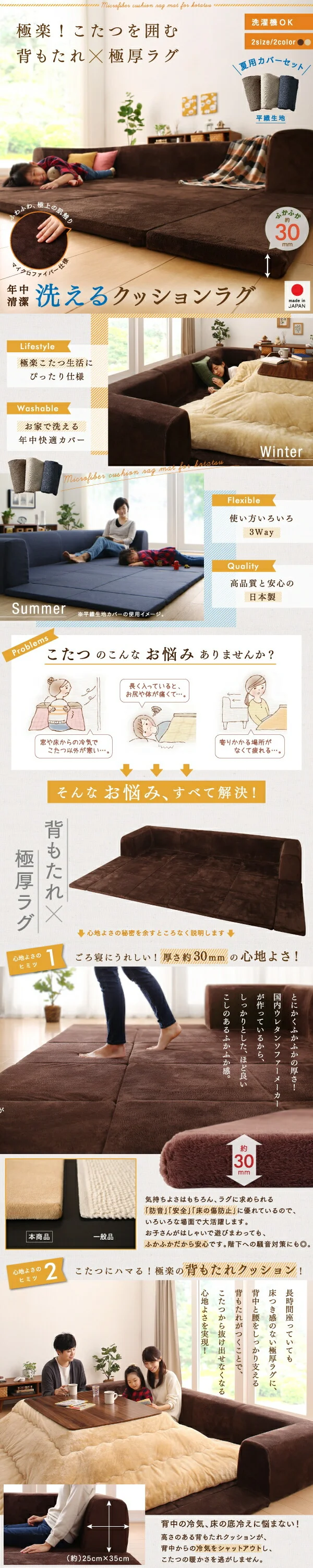 カバーが洗えて年中清潔　こたつに合わせるマイクロファイバークッションラグ ラグ 小　200×174