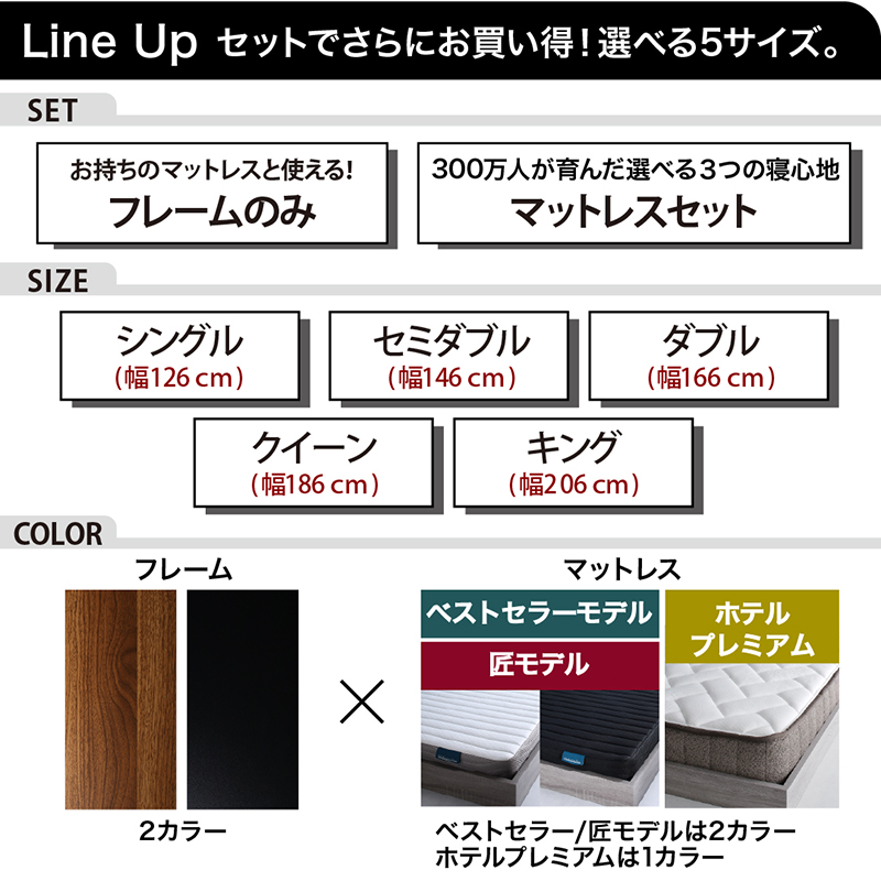 モダンライト・コンセント付き大型ローベッド ベッドフレームのみ シングル