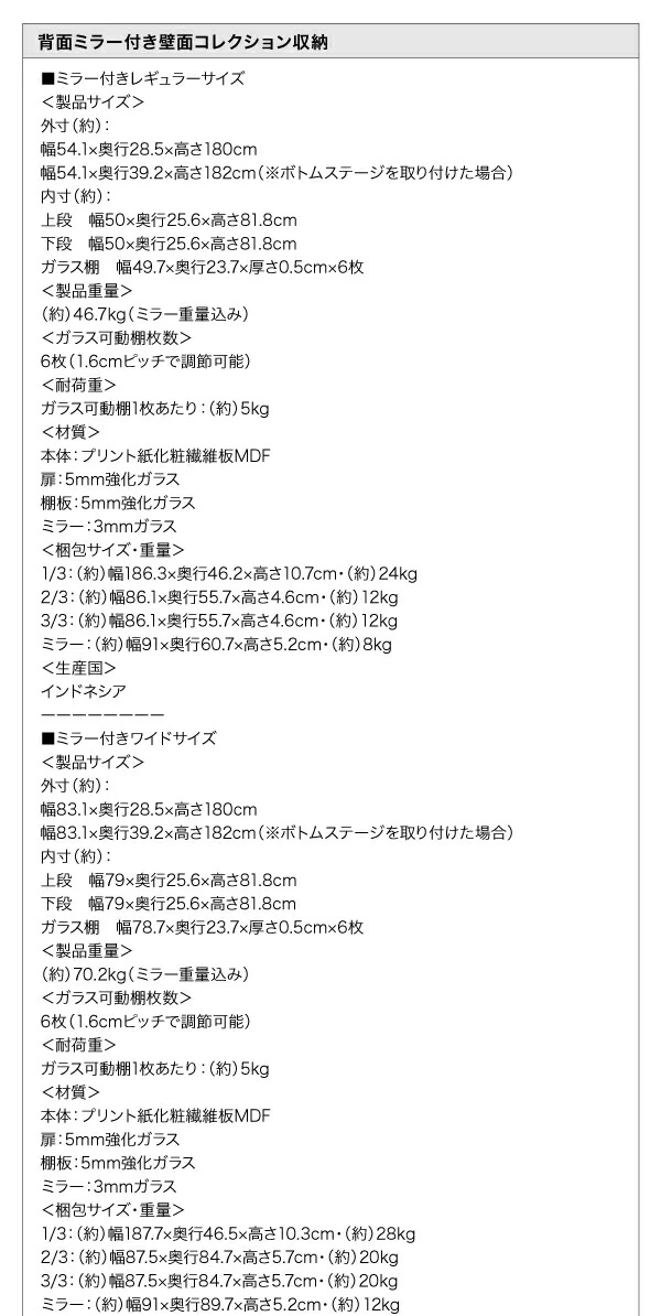 背面ミラー付き壁面コレクション収納 本体 幅54.1