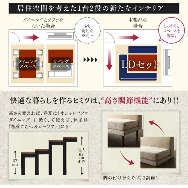 年中快適 こたつもソファも高さ調節 リビングダイニング Huey ヒューイ 4点セット(テーブル+2Pソファ1脚+1Pソファ1脚+コーナーソファ1脚) W105