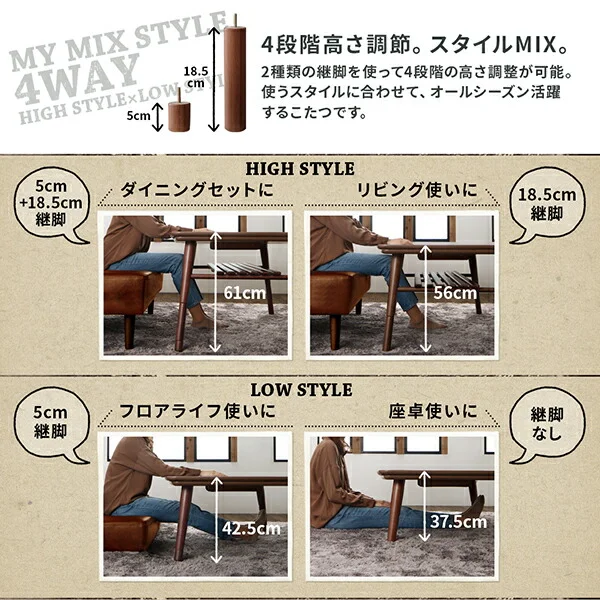 こたつもソファも高さ調節 ヴィンテージリビングダイニング CLICK クリック 3点セット(テーブル+ソファ1脚+アームソファ1脚) 右アーム W105