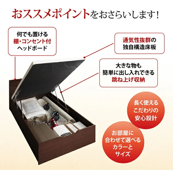 お客様組立 通気性抜群 すのこ構造 棚コンセント付 跳ね上げベッド Retiro レティーロ ベッドフレームのみ セミシングル 深さラージ