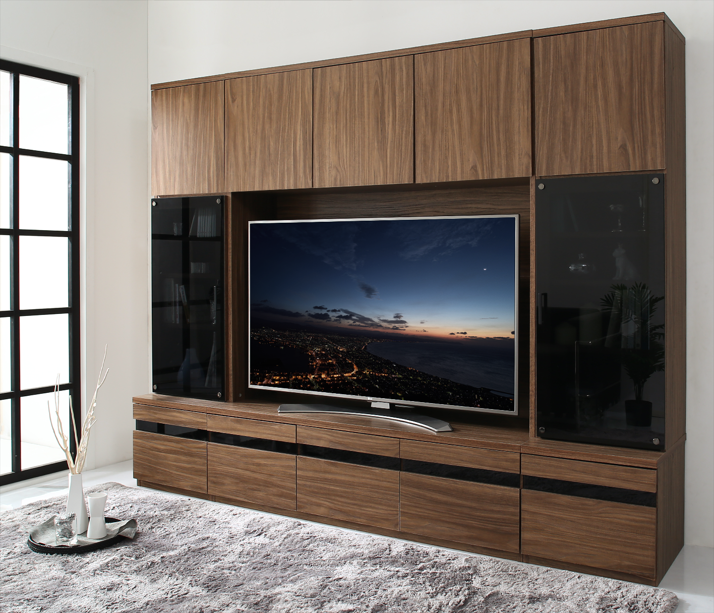 ハイタイプテレビボードシリーズ Glass line グラスライン 3点セット(テレビボード+キャビネット×2) ガラス扉