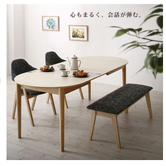 天然木アッシュ材 伸縮式オーバルダイニング tititto ティティット 4点セット(テーブル+チェア2脚+ベンチ1脚) W160-210