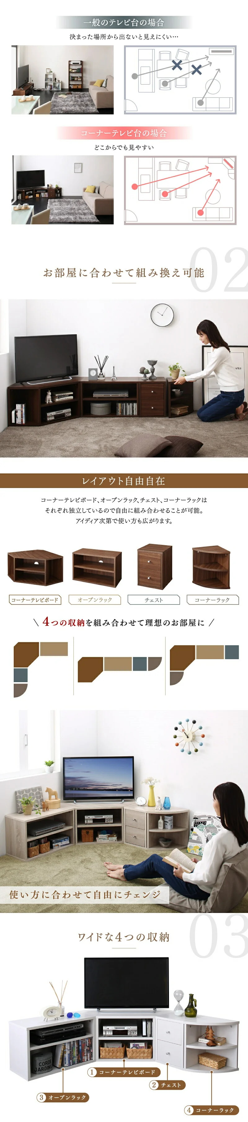 コーナーテレビ台 ロータイプ 4点セット／コーナータイプTV台４点セット