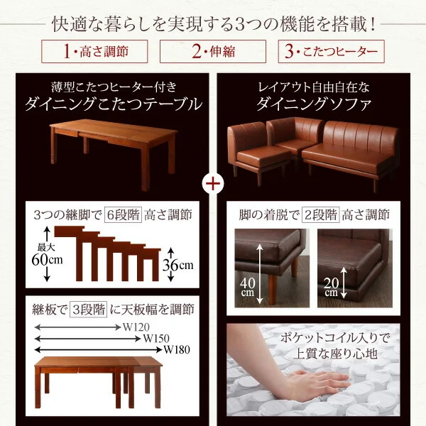 6段階高さ調節 伸縮式こたつ 大型ソファダイニング STEWAR ステュアー 4点セット(テーブル+2Pソファ1脚+1Pソファ1脚+コーナーソファ1脚) W120-180