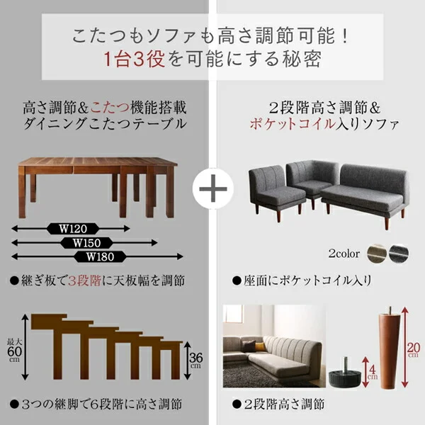 高さ調節可能 3段階伸長式 大型こたつソファダイニング Anouk アヌーク 4点セット(テーブル+2Pソファ1脚+1Pソファ1脚+コーナーソファ1脚) W120-180