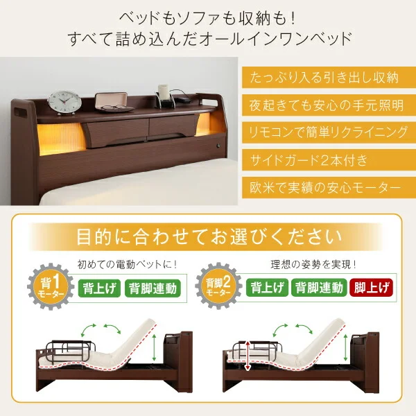 お客様組立 棚・照明・コンセント・引出し収納付き電動ベッド ラクストレージ ベッドフレームのみ 1モーター シングル