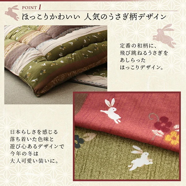 ふっくら綿入り うさぎ和柄こたつ布団 つきひ 掛布団&敷布団2点セット 正方形(80×80cm)天板対応