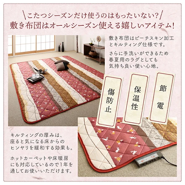 ふっくら綿入り うさぎ和柄こたつ布団 つきひ 掛布団&敷布団2点セット 正方形(80×80cm)天板対応