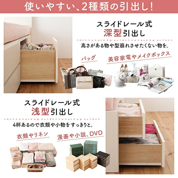 お客様組立 日本製 大容量コンパクトすのこチェスト収納ベッド Shocoto ショコット ベッドフレームのみ ヘッドレス セミシングル