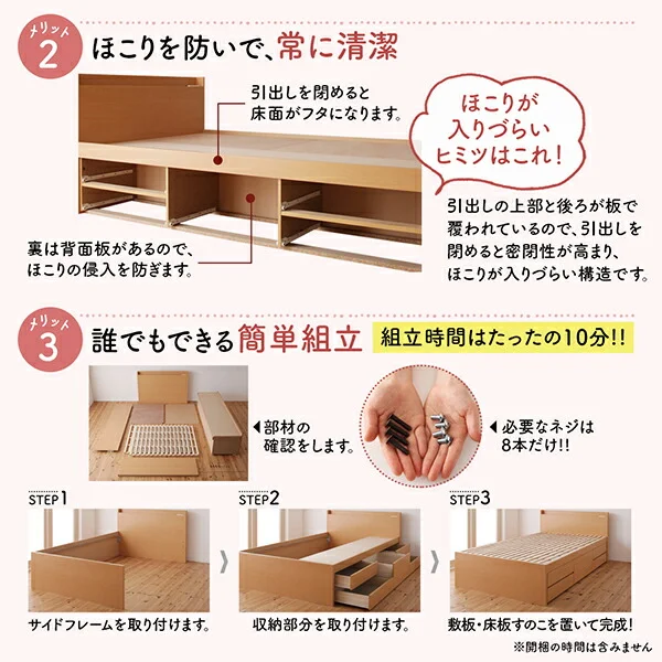 お客様組立 日本製 大容量コンパクトすのこチェスト収納ベッド Shocoto ショコット ベッドフレームのみ ヘッドレス セミシングル