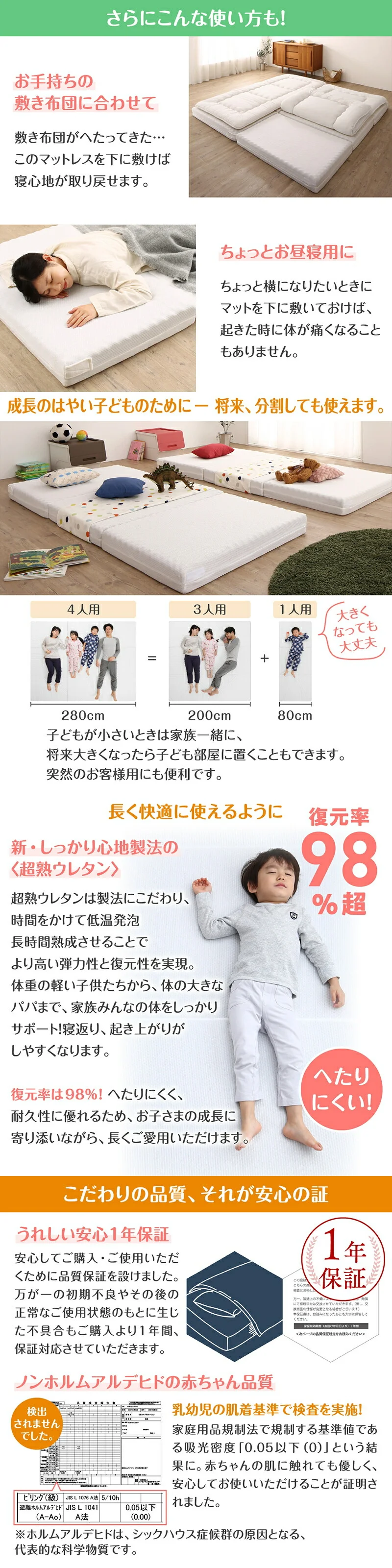 厚さが選べる 高通気・抗菌防臭 ファミリーマットレス敷き布団 ワイドK200  厚さ6cm
