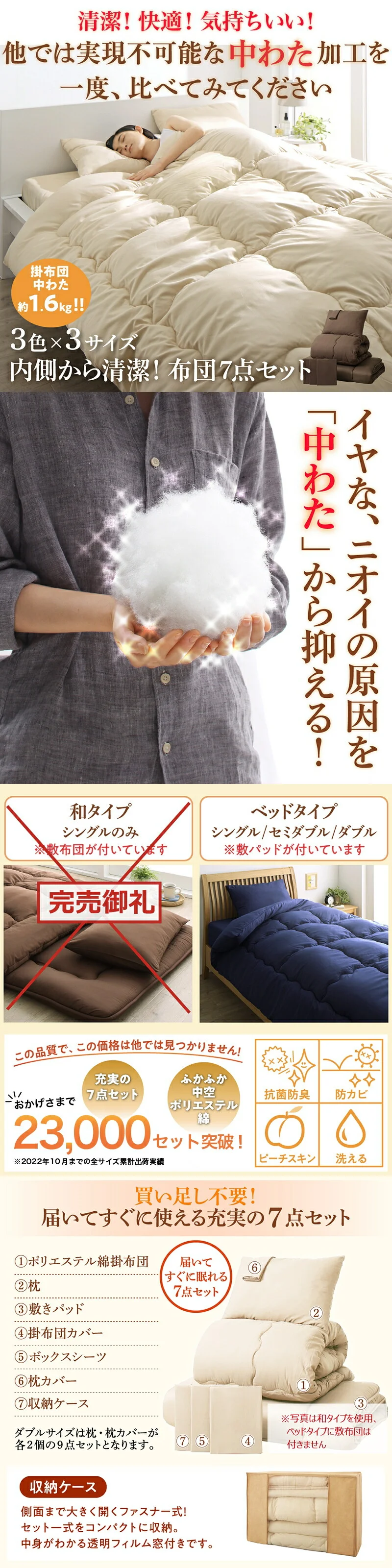 カバー付き　抗菌防臭防カビ　中空ポリエステル綿　布団7点セット シングル レギュラー丈