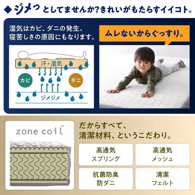 ゾーンコイルマットレス 抗菌防臭 防ダニ　高反発 硬め バランスタイプ  zone-coil シングル