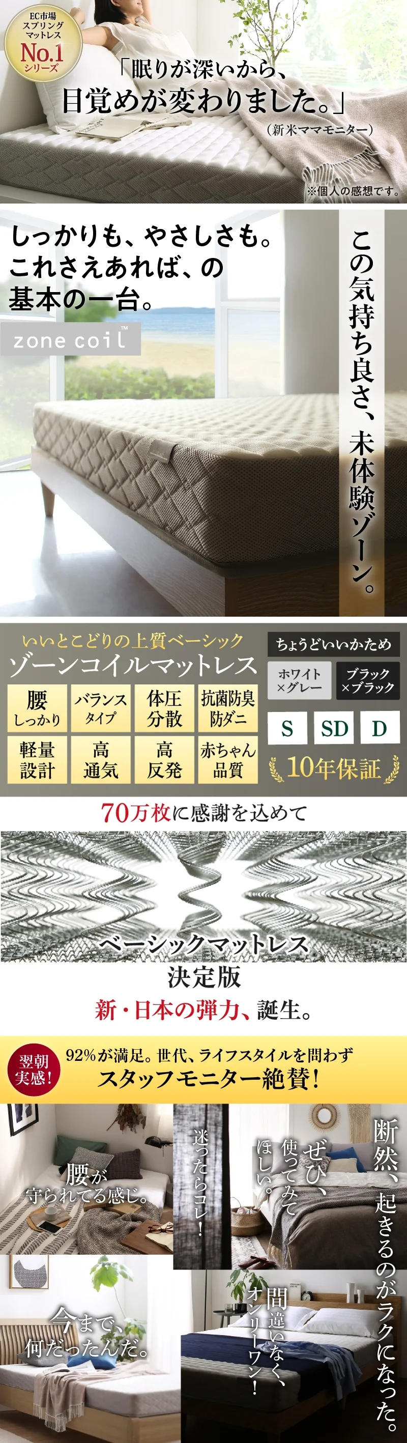 ゾーンコイルマットレス 抗菌防臭 防ダニ 高反発 硬め バランスタイプ zone-coil シングル