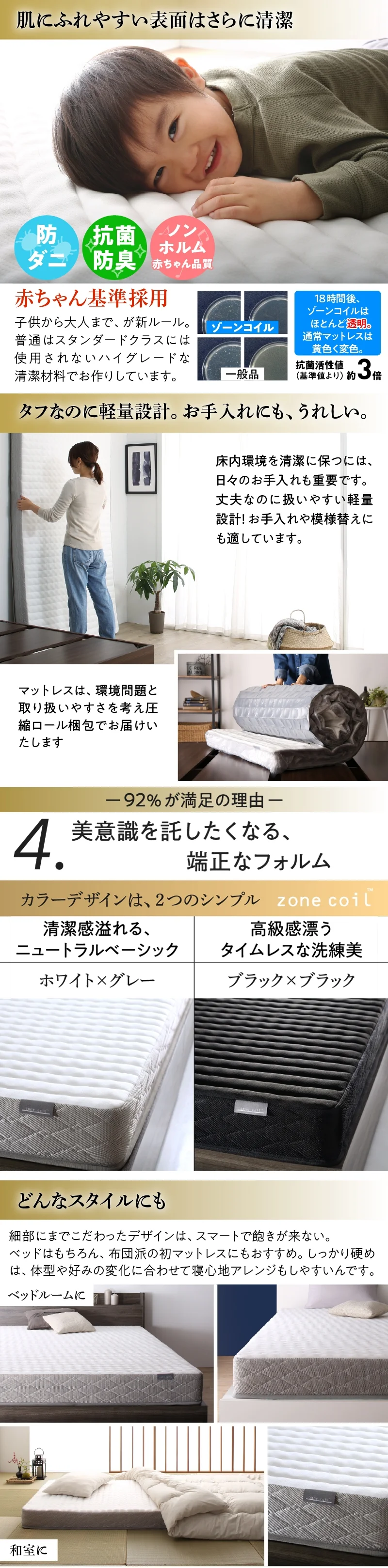 ゾーンコイルマットレス 抗菌防臭 防ダニ 高反発 硬め バランスタイプ zone-coil シングル