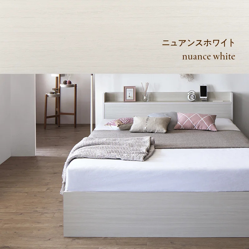 棚・コンセント付 ショート丈 天然木調引き出し収納ベッド 【KASANE】 ホワイト フレームのみ セミシングル フレームカラー ニュアンスホワイト お客様組立
