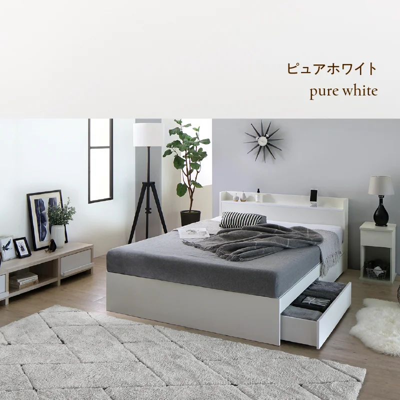 棚・コンセント付 ショート丈 天然木調引き出し収納ベッド 【KASANE】 ホワイト フレームのみ セミシングル フレームカラー ニュアンスホワイト お客様組立