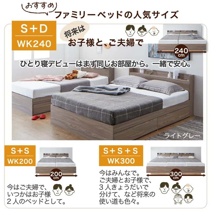 棚・コンセント・引き出し収納付 天然木調連結ファミリーベッド フレームのみ WK200(S+S) フレームカラー ライトグレー お客様組立