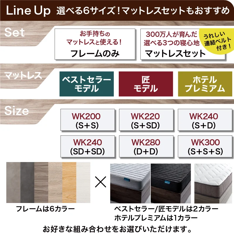棚・コンセント・引き出し収納付 天然木調連結ファミリーベッド フレームのみ WK200(S+S) フレームカラー ライトグレー お客様組立