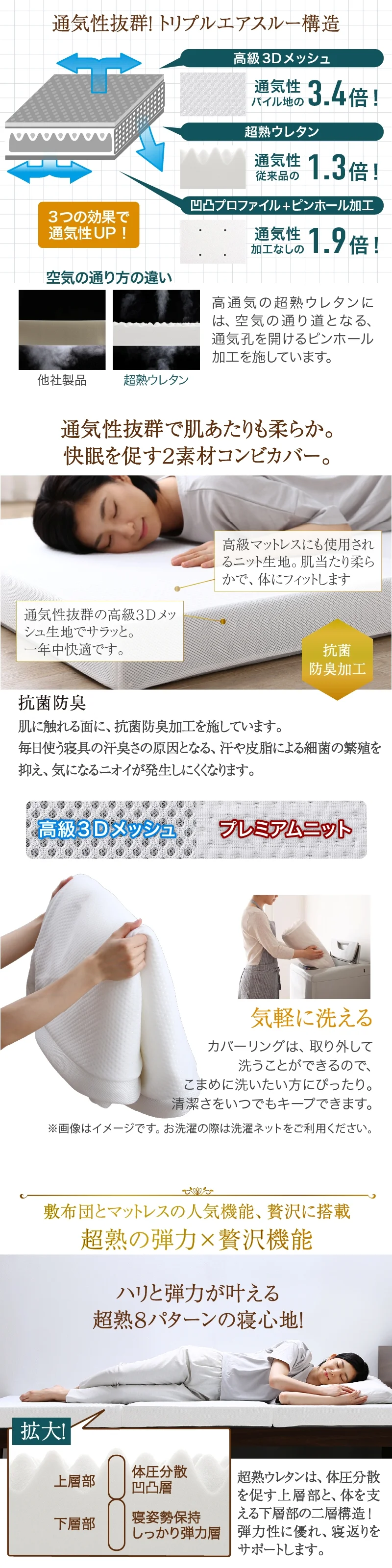 CospaSleep三つ折りマットレス敷布団　超熟 高反発 高通気 体圧分散 抗菌防臭 ベストセラーモデル シングル マットレスカラー デザインアイボリー