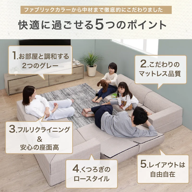 フロアコーナーソファ ソファ3点セット 1P+2P+コーナー 座面カラー ソフトグレー