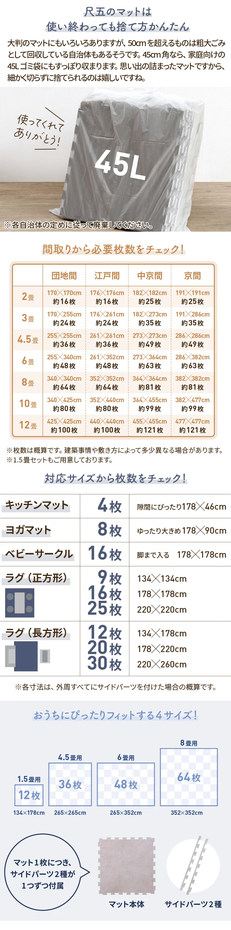 ジョイントマット イエ・イロフィット ストーン調 尺五 8mm厚 1.5畳用 ラグ・マットカラー トーンホワイト