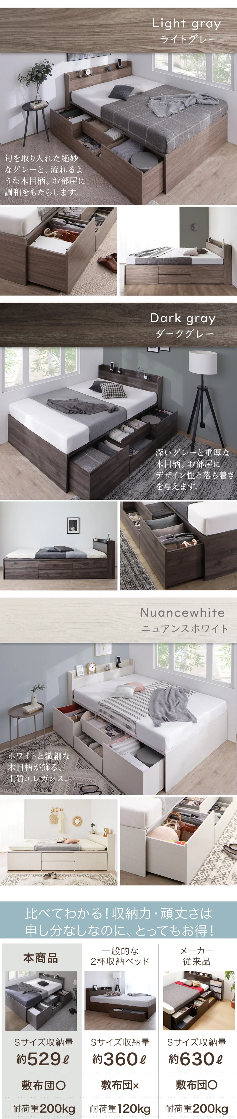 引き出し４杯 天然木調 大容量収納すのこチェストベッド【KASANE】 ベッドフレームのみ シングル フレームカラー フォググレー お客様組立