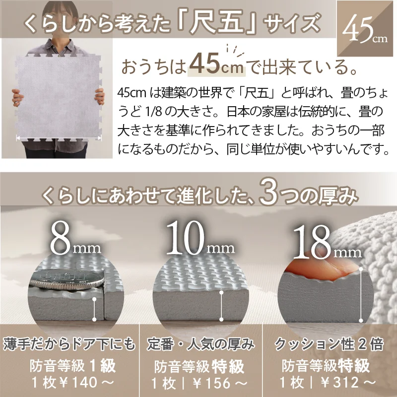 ジョイントマット イエ・イロフィット ストーン調 尺五 8mm厚 1.5畳用 ラグ・マットカラー トーンホワイト
