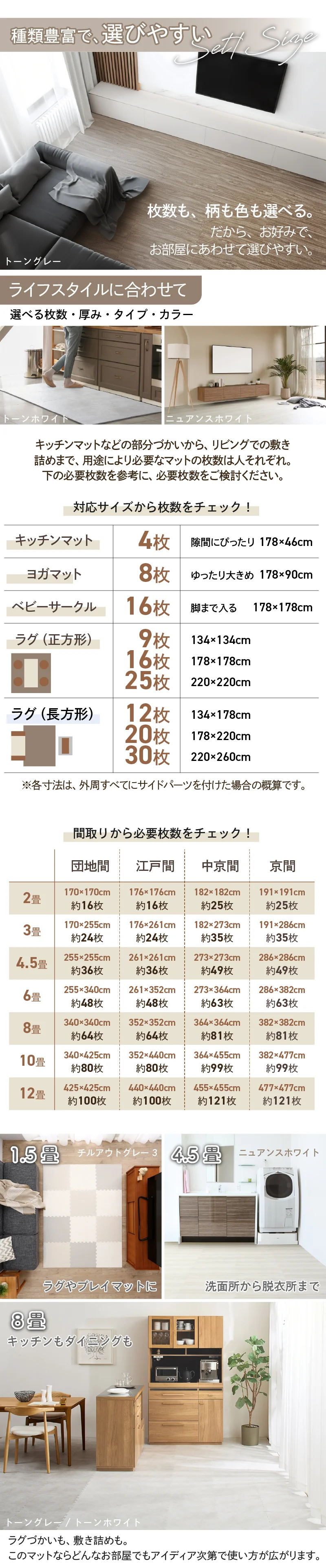 ジョイントマット イエ・イロフィット ストーン調 尺五 8mm厚 1.5畳用 ラグ・マットカラー トーンホワイト