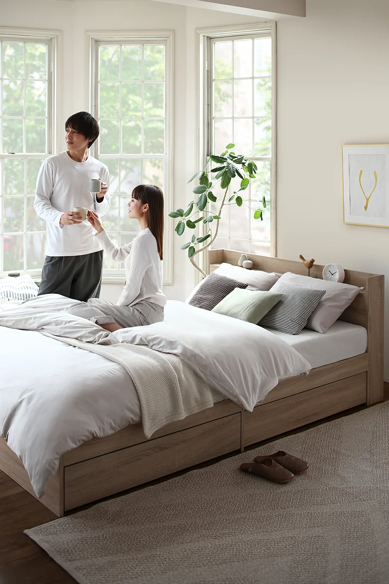 すのこ・棚・コンセント付き 選べる天然木調ベッドフレーム【KASANE】 引出し収納タイプ シングル