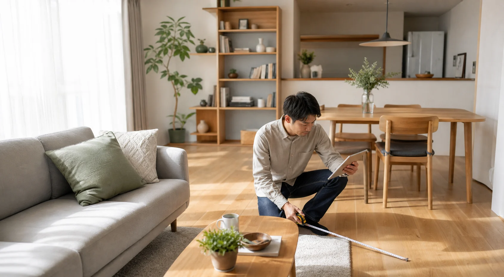 家具の候補をタブレットで比較しながら床を採寸する人のいるリビングダイニング