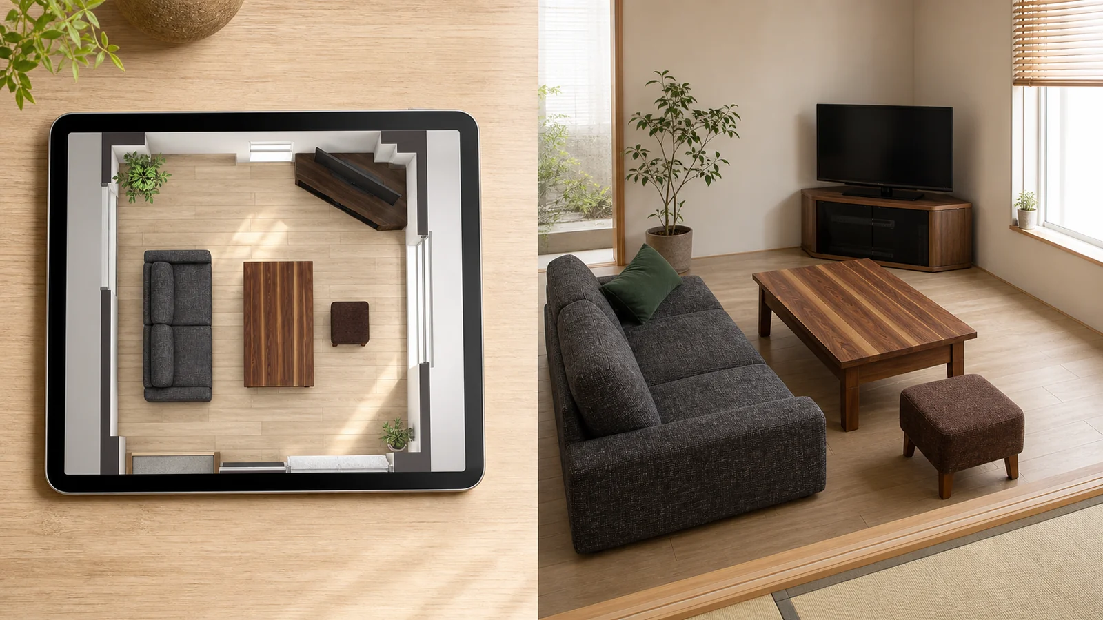 タブレット上の実寸家具レイアウトと、その配置を立体化したリビングの完成イメージ