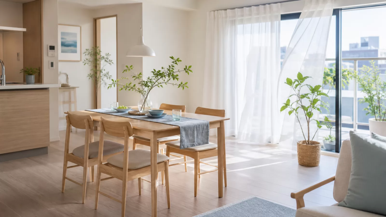 淡い色と木製家具で涼しげに整えた、光と風が通る夏のダイニング