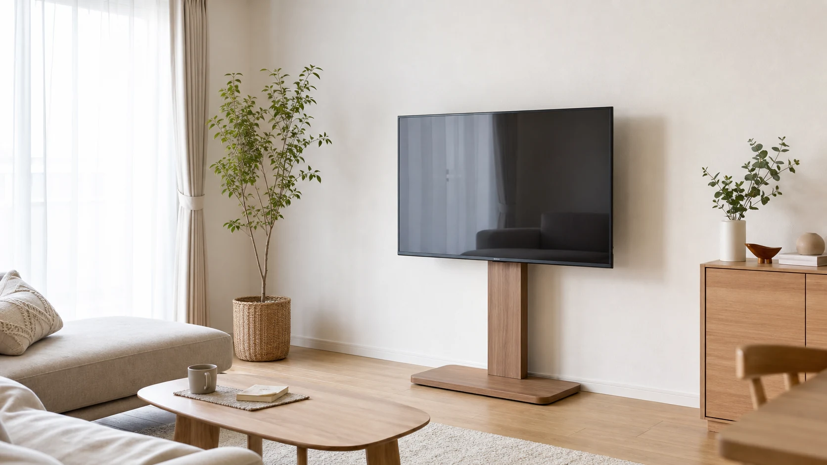 壁掛け風テレビ台で床に余白をつくった明るいリビングのコーディネートイメージ