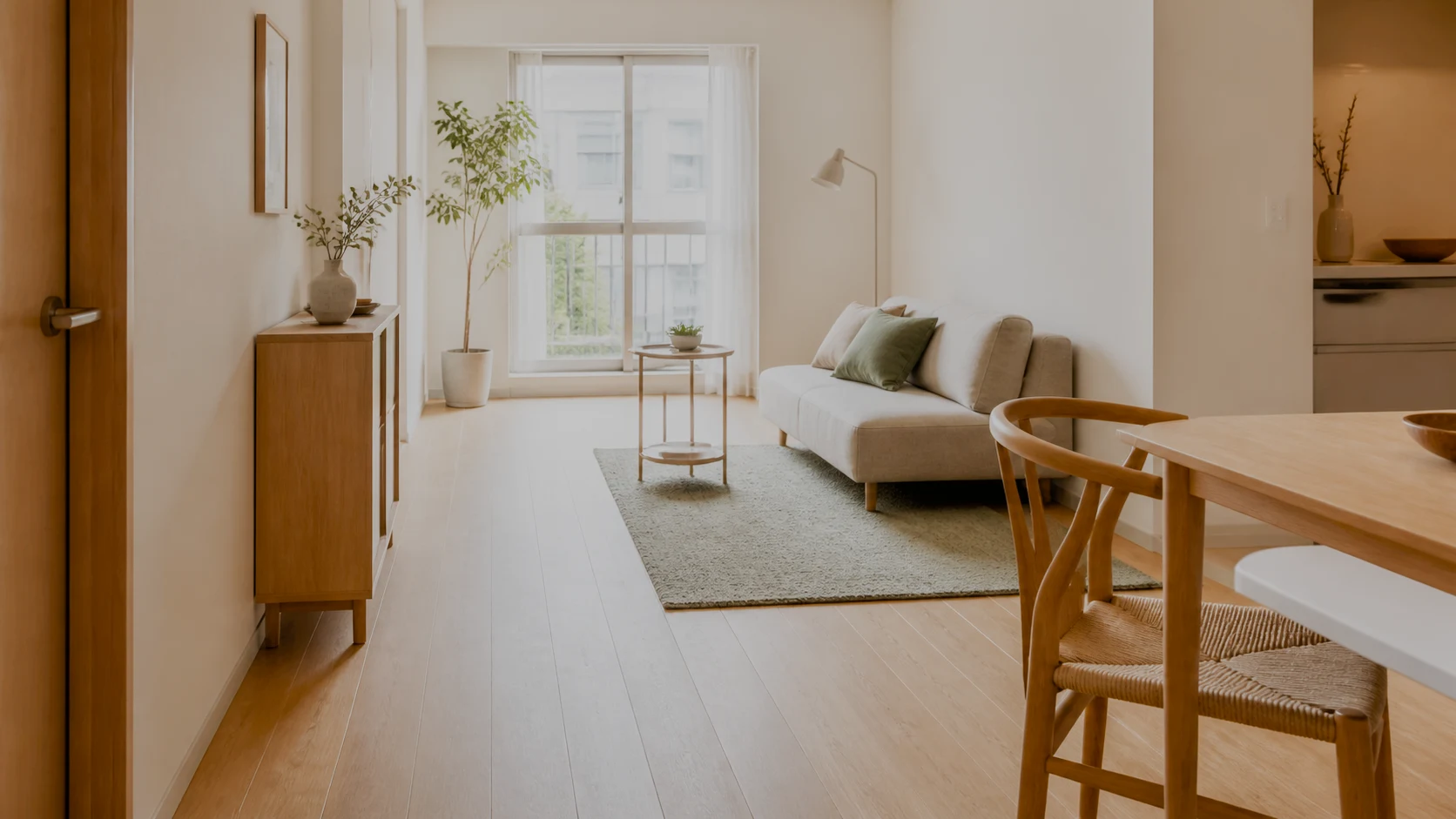 入口から窓までの通路と床の余白を確保した、明るい木目のコンパクトなリビングダイニング